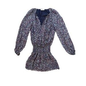 Ramy Brook Josie Smocked Mini Dress 100% Silk Blue Abstract Print XS  $445 EUC
